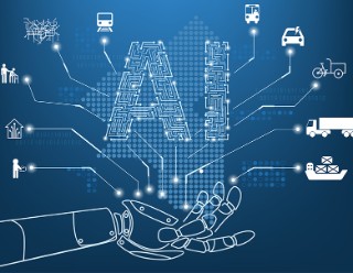Artificial intelligence concept with line icon and hand of robot.